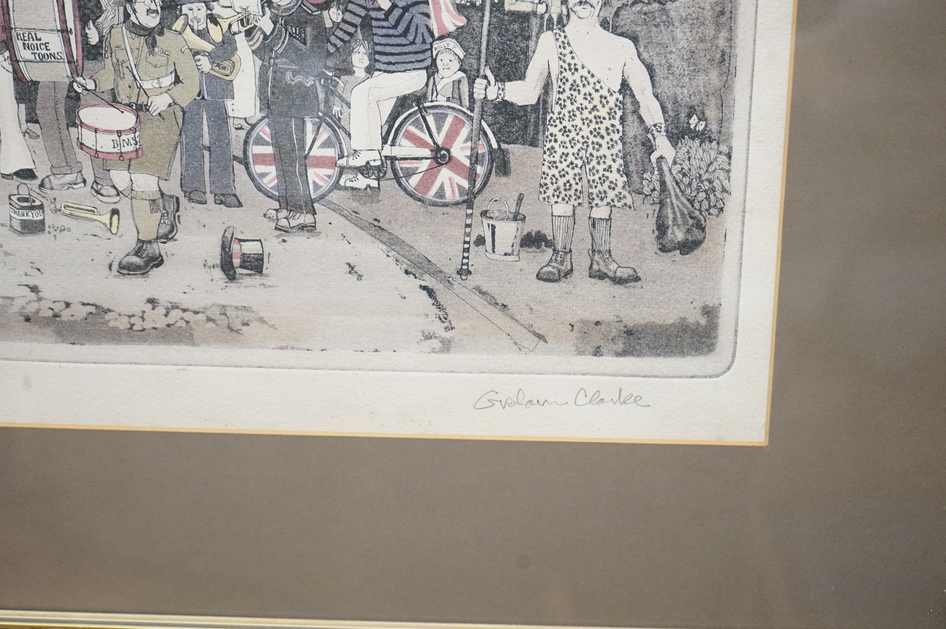 Graham Clarke (b.1941), 'Left right oops!' and 'December', two etchings with aquatint, each signed in pencil and limited edition, largest 38 x 57cm